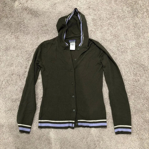 Patagonia Fitted Wool Brown Hooded Button Sweater Size Small - Picture 2 of 8